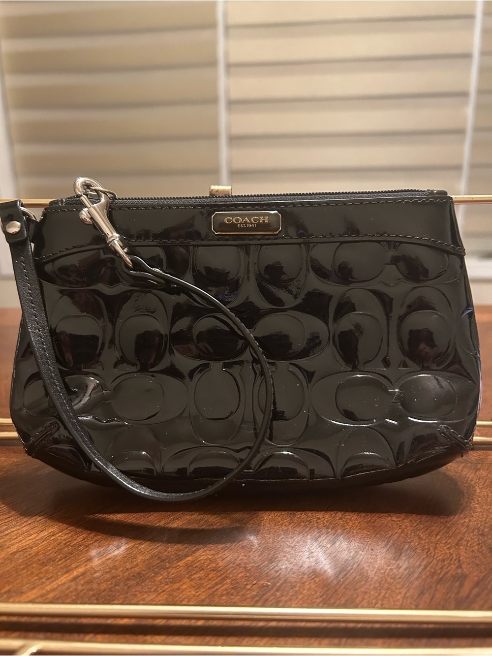 Coach Black Patent Signature Wristlet with Gold-Tone Plaque - Picture 2 of 4